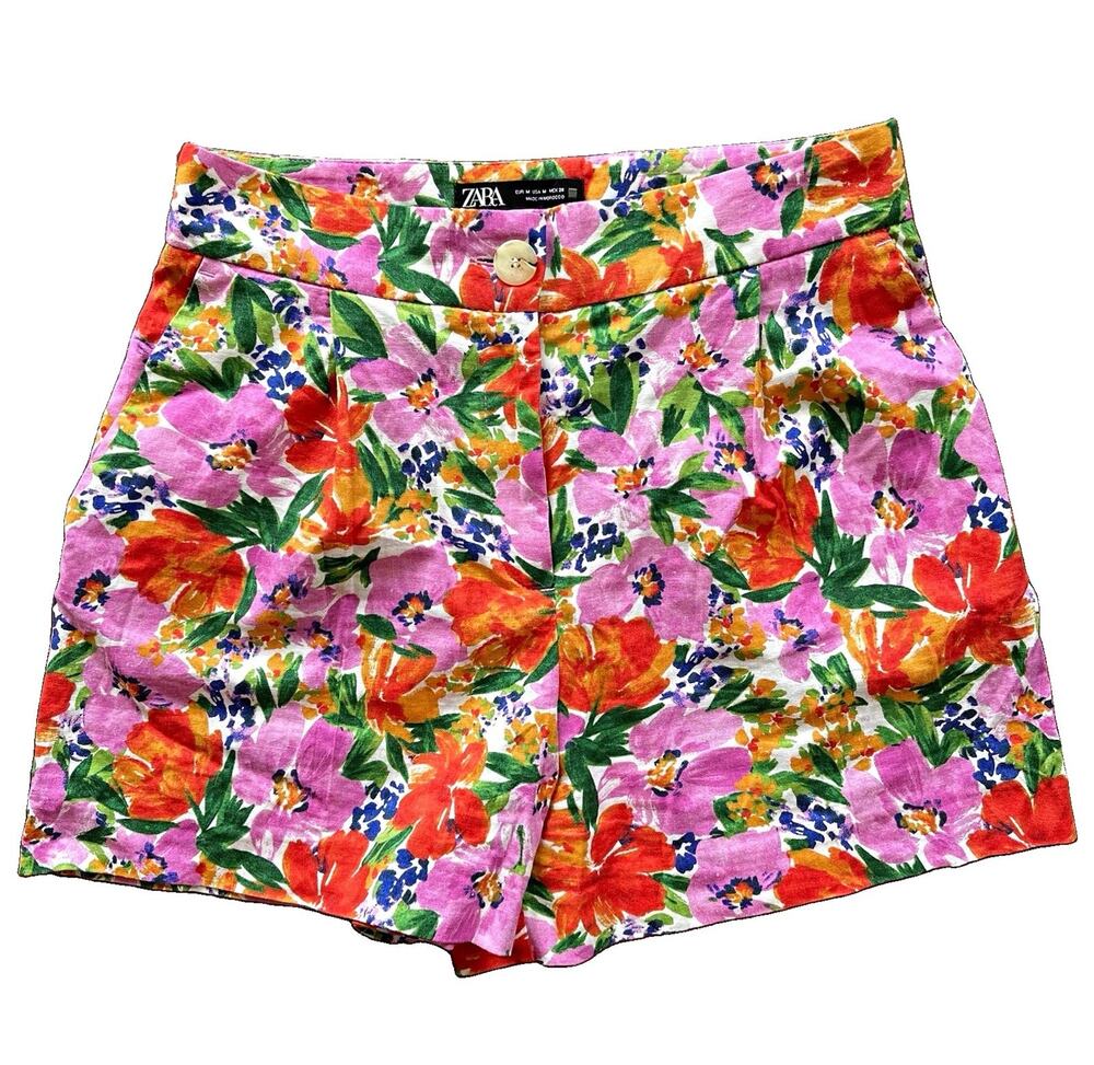 ZARA Women's Floral Linen Blend Pink Multicolor Shorts High Rise Pockets M